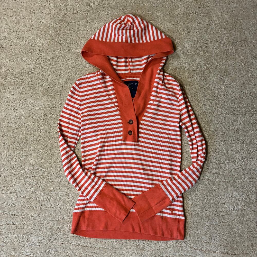Y2K American Eagle Women’s XL Waffle Knit Hooded Long Sleeve Striped Preppy